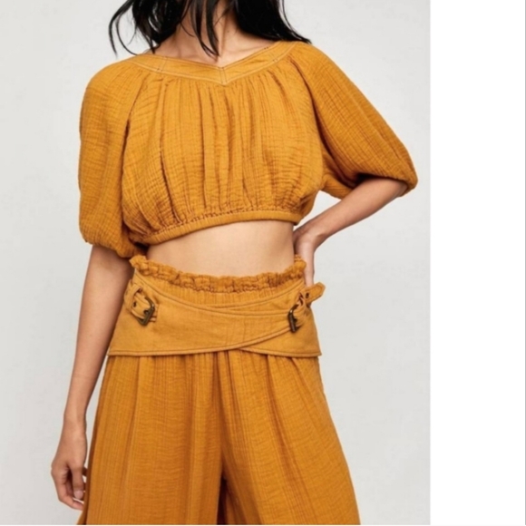 Free People Lou Lou Set Golden Syrup Puff Top Buckle Pants - Picture 6 of 6